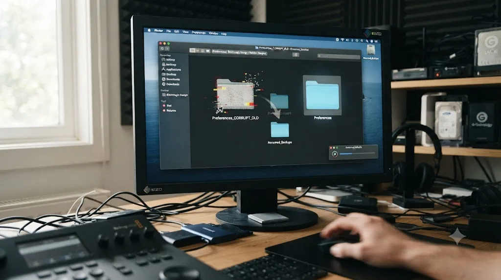 Illustration of a corrupted DaVinci Resolve preferences folder being renamed aside while a fresh default one is created