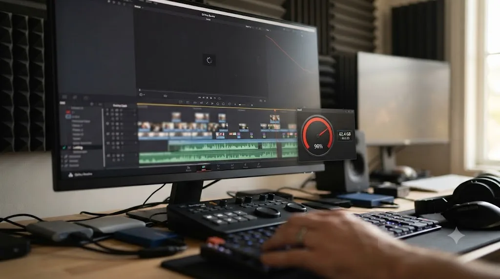 Illustration of a RAM usage meter climbing toward capacity as a large effects-heavy DaVinci Resolve timeline loads