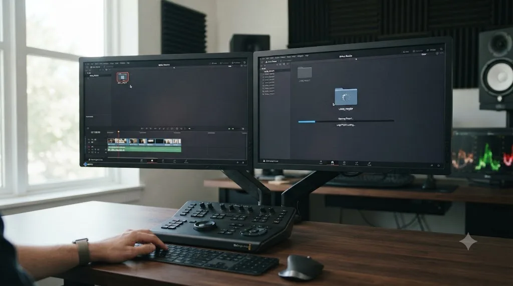 Illustration comparing a small DaVinci Resolve project opening instantly against a large one with a longer loading progress bar