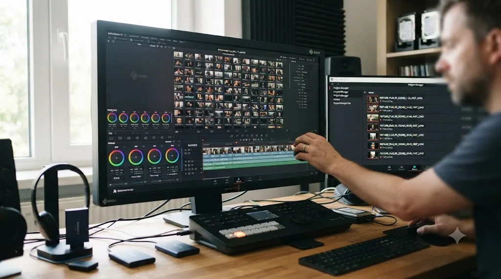 Illustration of a large DaVinci Resolve project being split into several smaller reel-based projects that each load faster