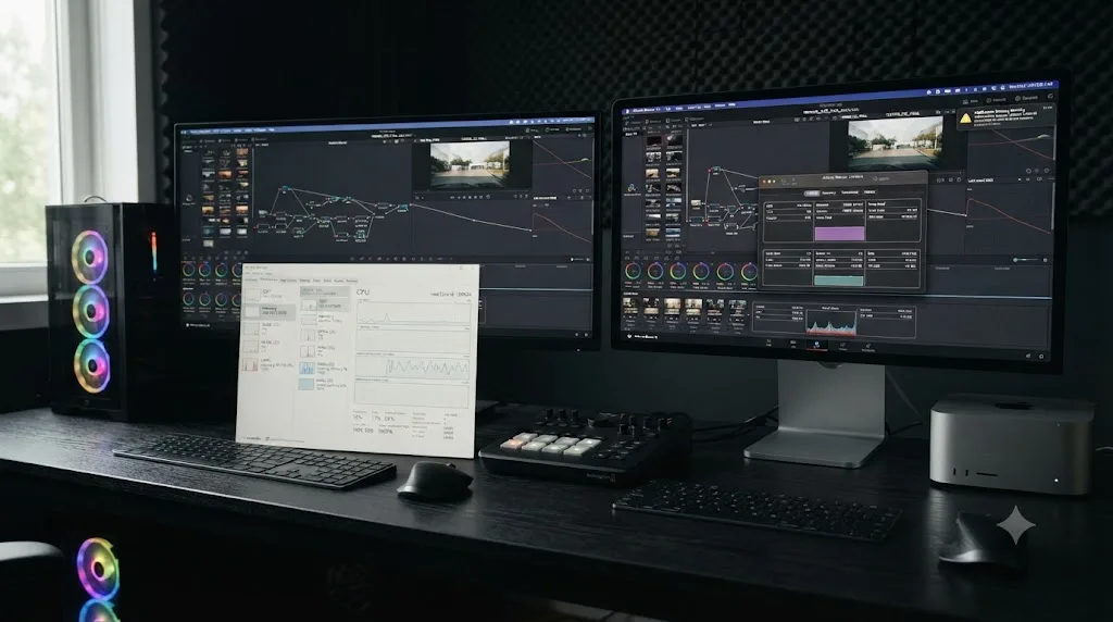 Illustration comparing platform-specific causes of slow large DaVinci Resolve project loading on Windows and Mac