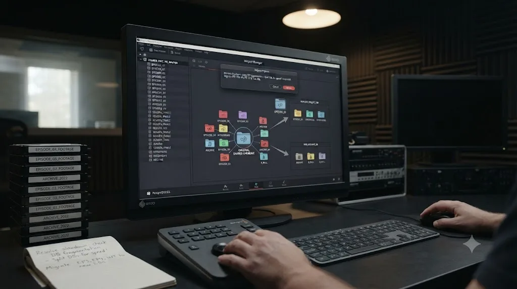 Illustration of a worked example showing a shared DaVinci Resolve production database being split after a documented slowdown