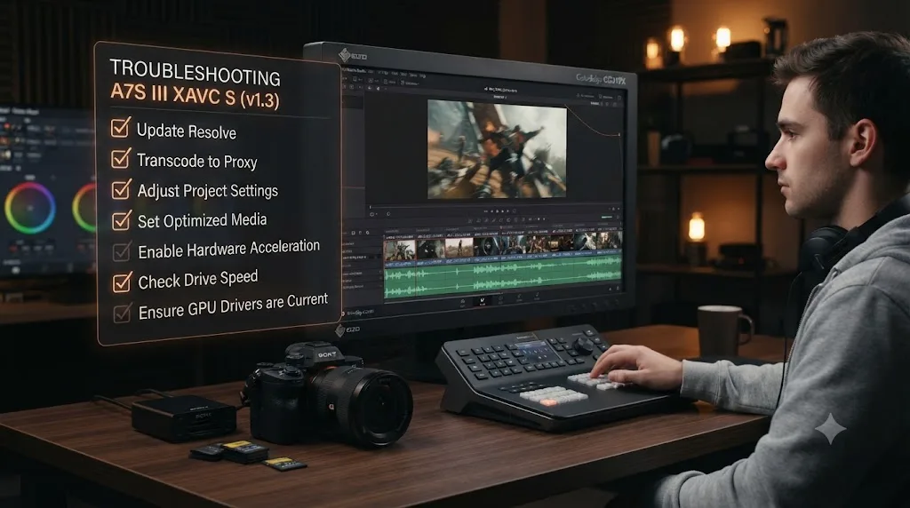 Illustration of a numbered troubleshooting checklist overlaid on a smooth DaVinci Resolve timeline with Sony A7S III footage