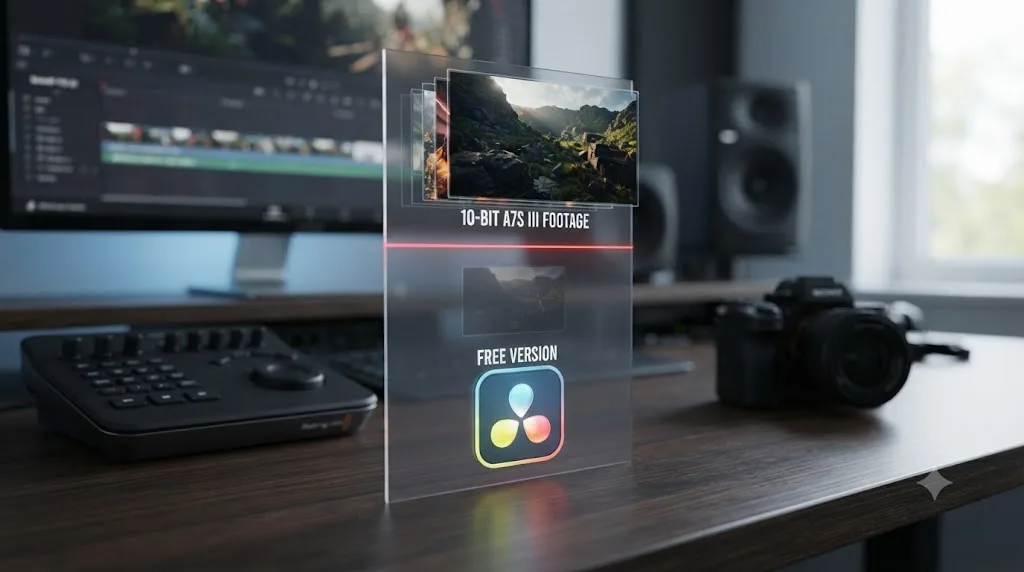 Illustration of DaVinci Resolve's free version 8-bit ceiling against 10-bit Sony A7S III footage