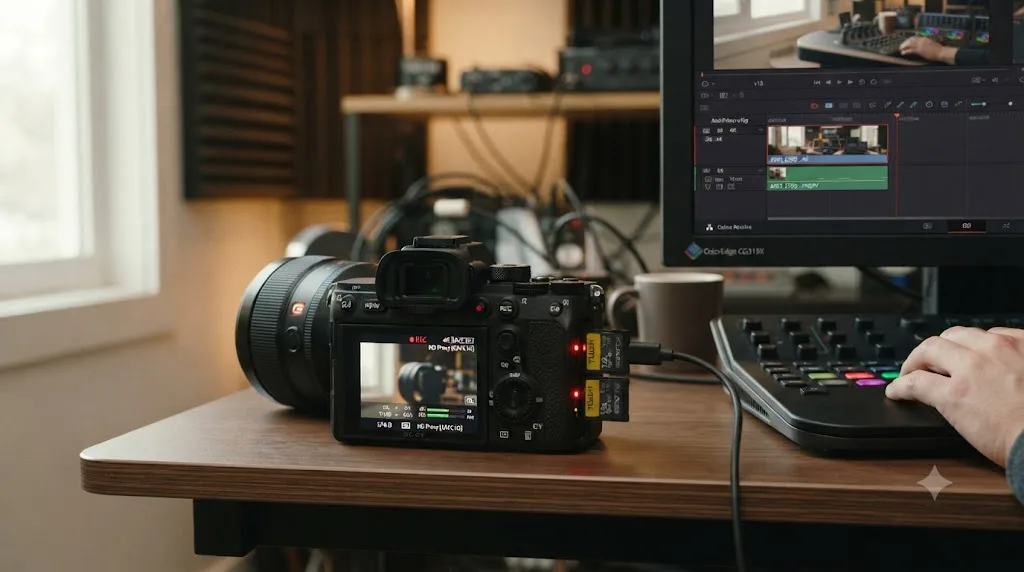 Illustration of a Sony A7S III camera recording a full-resolution file and a small in-camera proxy file simultaneously