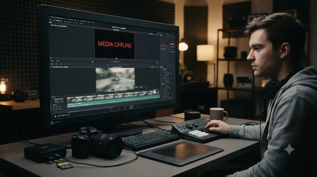 Illustration comparing a DaVinci Resolve Media Offline error against stuttering playback as two separate failure modes