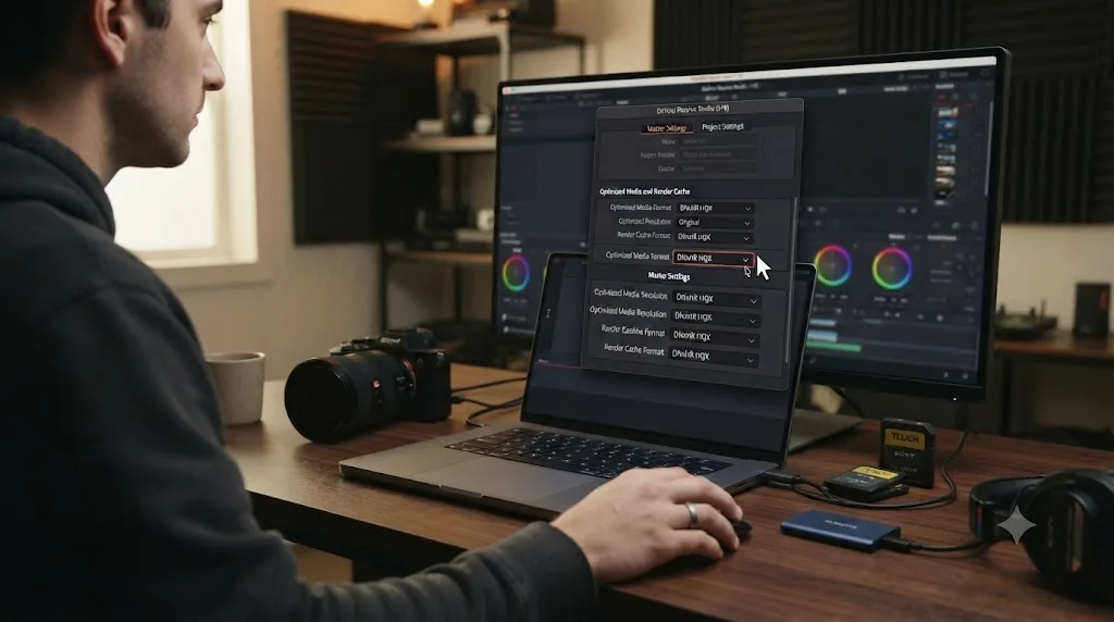 Illustration of an on-screen assistant highlighting the Optimized Media controls in DaVinci Resolve on a Mac