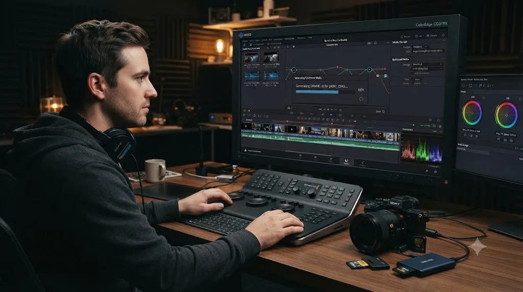 Illustration of Sony A7S III XAVC S footage transcoding into DNxHR optimized media in DaVinci Resolve