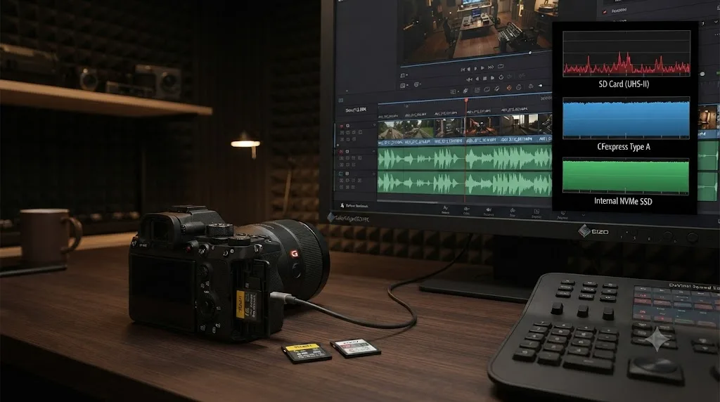 Illustration comparing storage throughput from a Sony A7S III memory card against internal SSD storage feeding a DaVinci Resolve timeline
