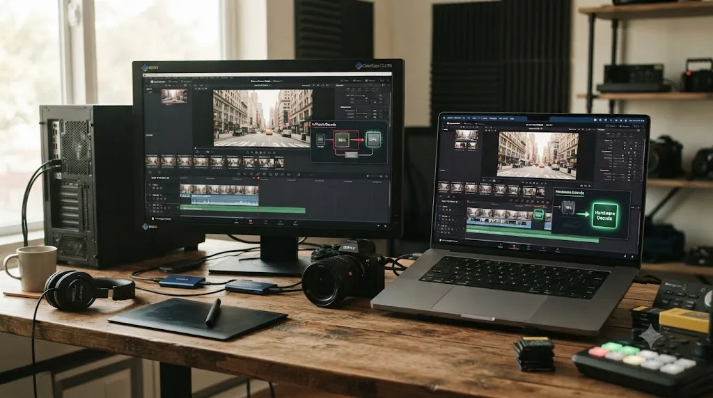 Illustration comparing DaVinci Resolve decode paths for Sony A7S III footage on Windows and Mac