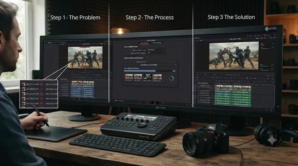 Illustration of a worked example fixing stuttering Sony A7S III footage in DaVinci Resolve on a Windows PC