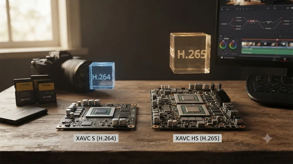 Illustration comparing decode load between Sony's XAVC S H.264 and XAVC HS H.265 formats