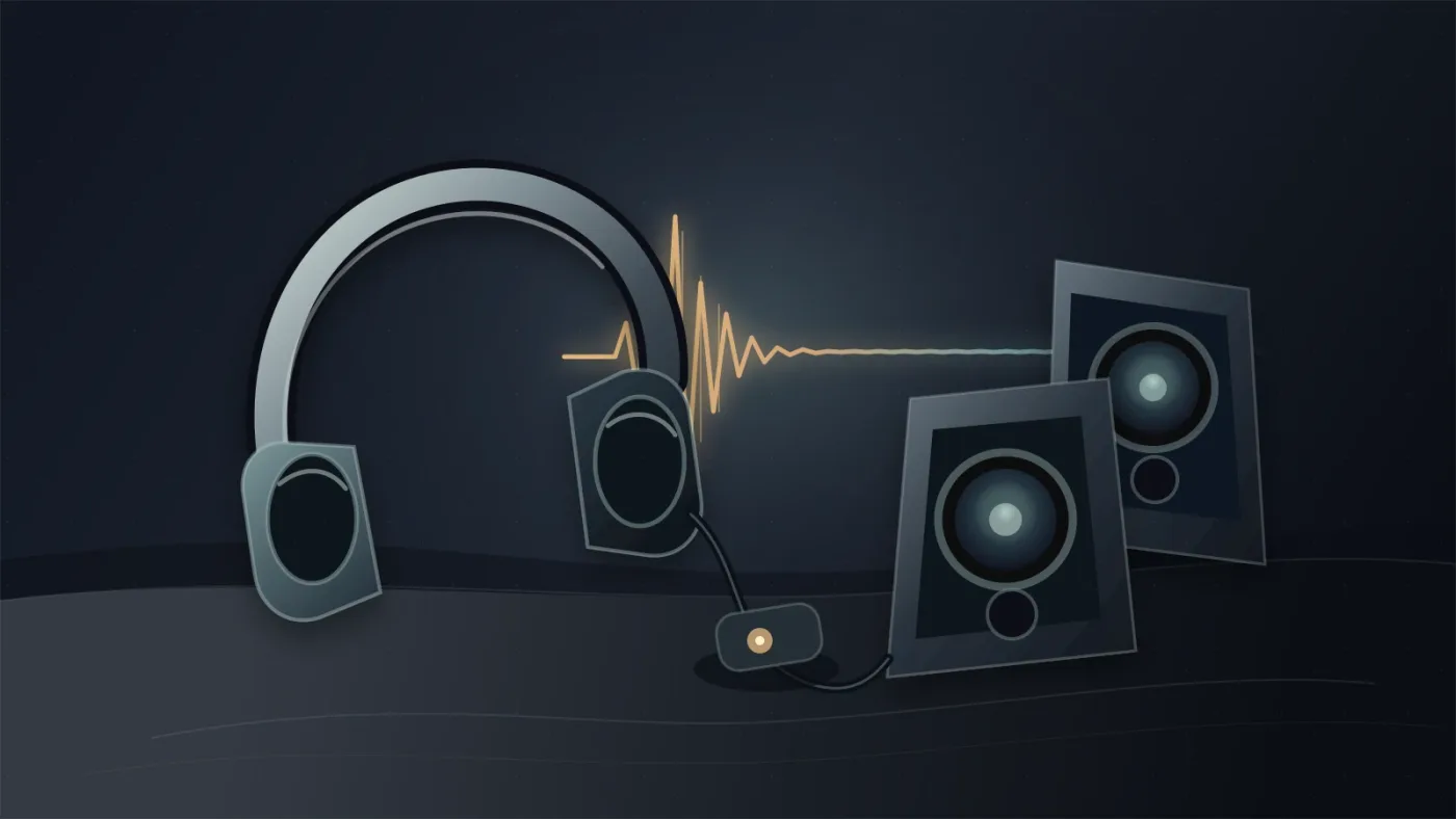Illustration of checking a horror sound-effects mix on headphones and speakers