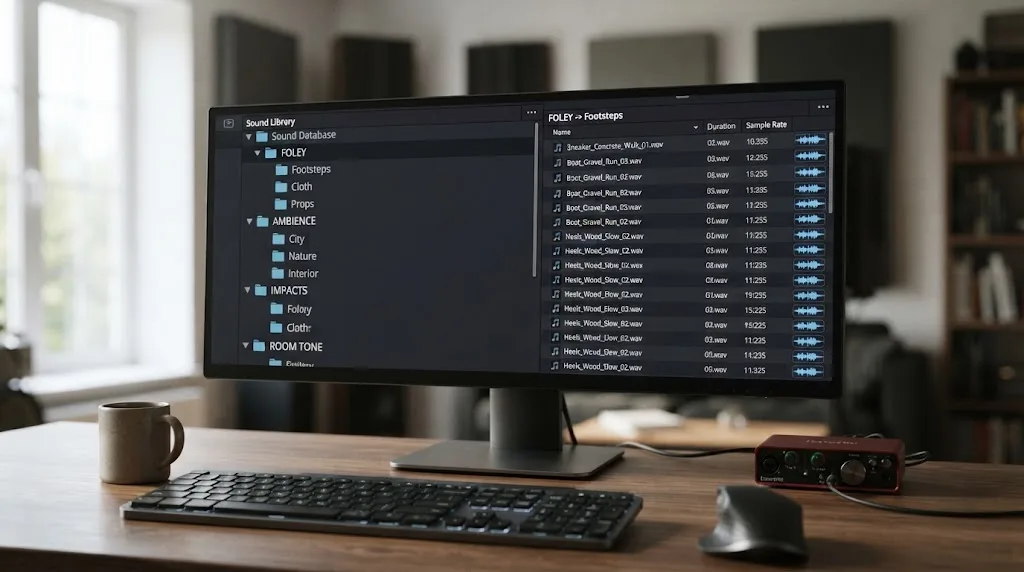 Illustration of an organized Fairlight sound library for DaVinci Resolve
