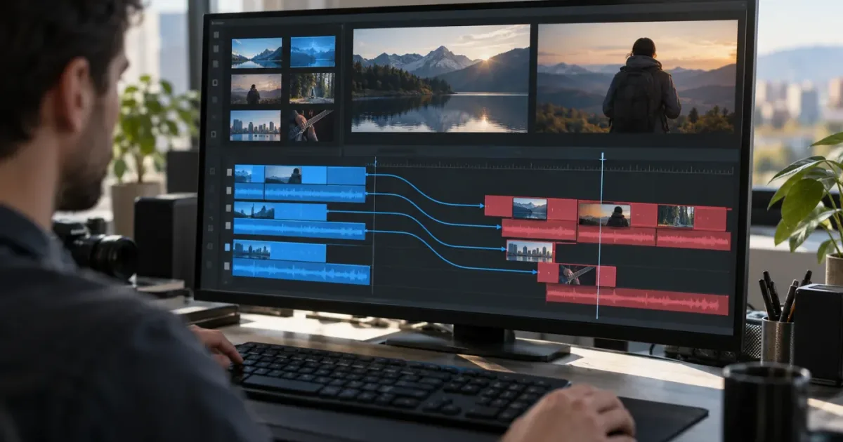 Illustration of DaVinci Resolve source tracks connecting to timeline destinations