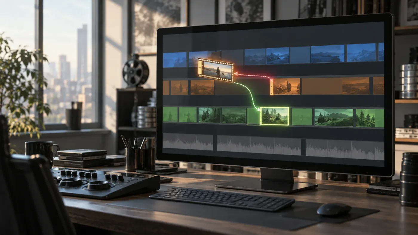 Illustration of DaVinci Resolve source clip routed to a timeline destination