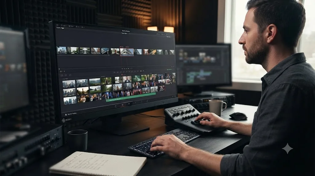 Illustration of a timeline filling with b-roll clips during a DaVinci Resolve Source Tape editing session