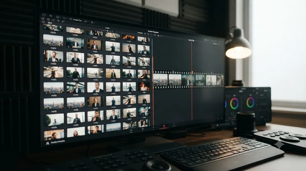 Illustration comparing DaVinci Resolve's Media Pool thumbnail grid against the Source Tape continuous strip view
