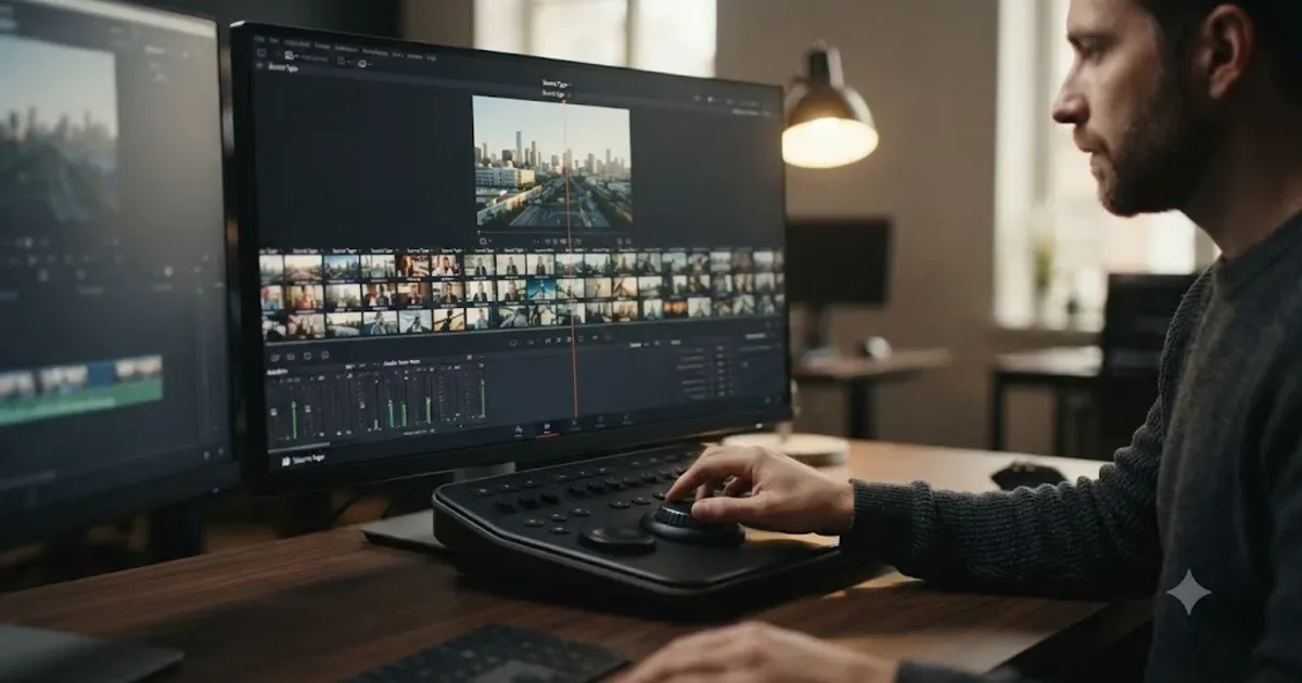 Illustration of DaVinci Resolve's Source Tape mode showing a continuous strip of clips in the Viewer