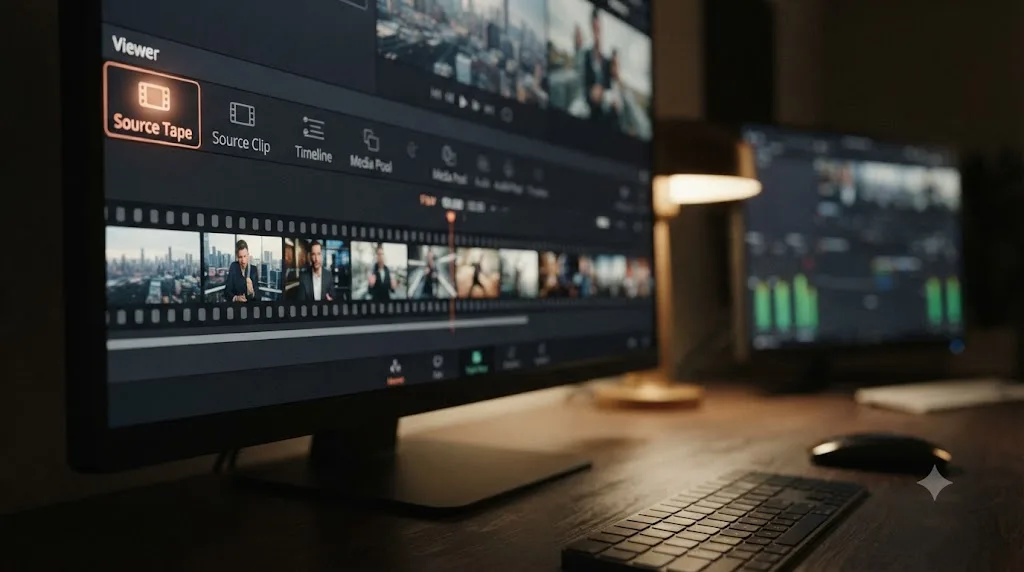 Illustration of the Source Tape icon highlighted at the top of the DaVinci Resolve Cut page Viewer