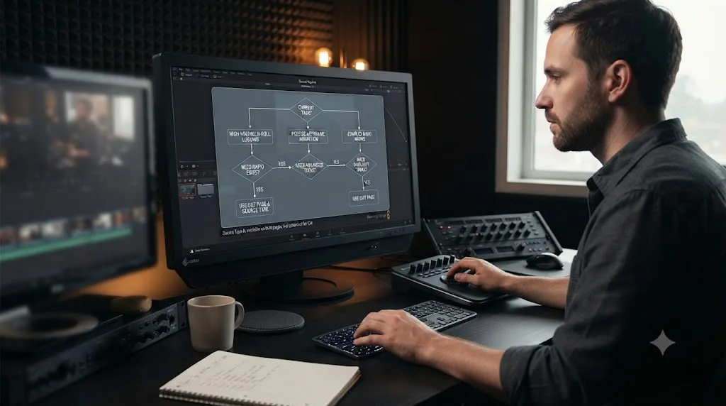 Illustration of a decision flowchart for choosing the Cut page or Edit page for a DaVinci Resolve Source Tape session