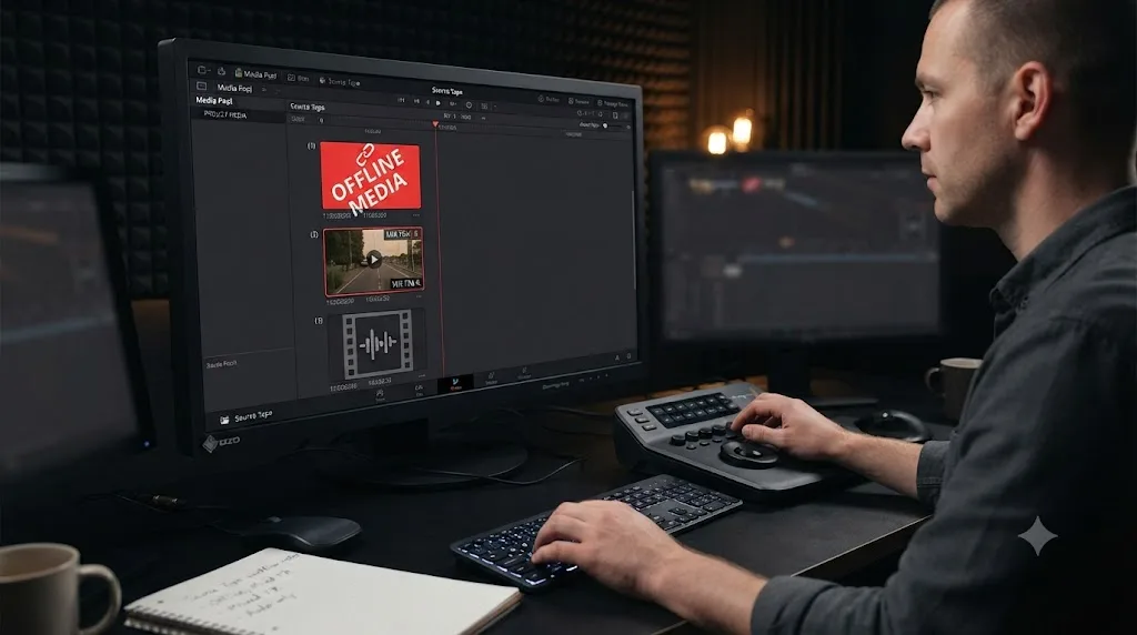 Illustration of a DaVinci Resolve Source Tape session showing an offline media placeholder, a mixed frame rate clip, and an audio-only file