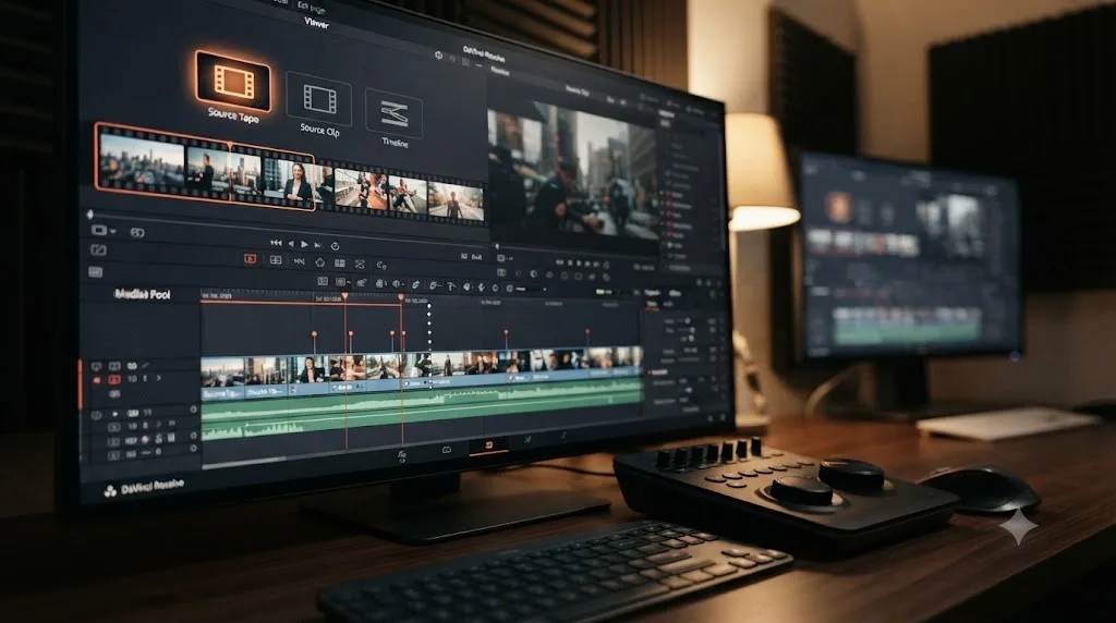 Illustration of the Source Tape icon active in the DaVinci Resolve Edit page Viewer next to the full timeline and Inspector