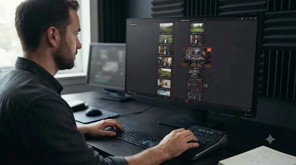 Illustration of a DaVinci Resolve Source Tape strip mixing regular clips, a multicam clip, and a compound clip