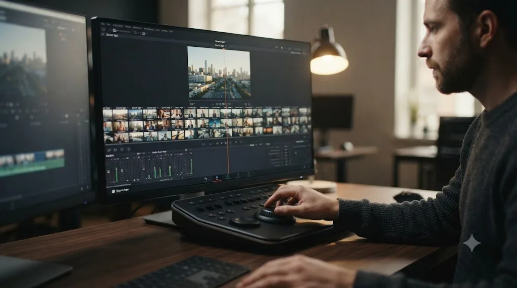 Illustration of scrolling through a continuous strip of clips using DaVinci Resolve's Source Tape mode