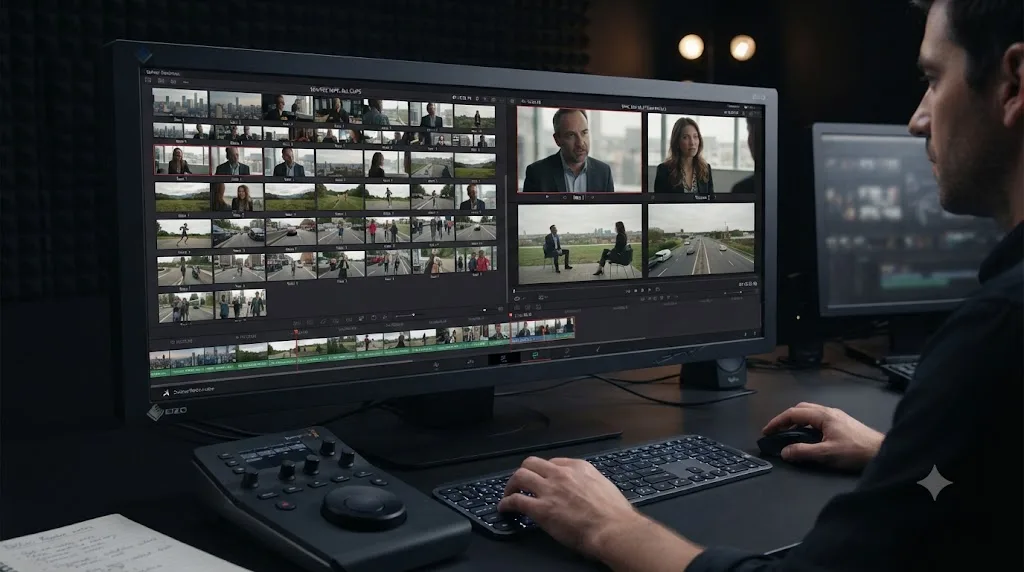 Illustration comparing the DaVinci Resolve Source Tape view against the Sync Bin's synced camera angles