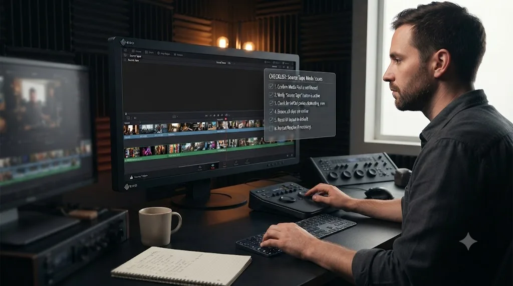 Illustration of a troubleshooting checklist over the DaVinci Resolve Cut page Viewer in Source Tape mode