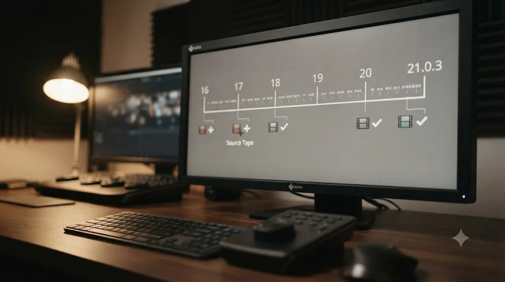Illustration of a DaVinci Resolve version timeline marking when Source Tape features were added and fixed