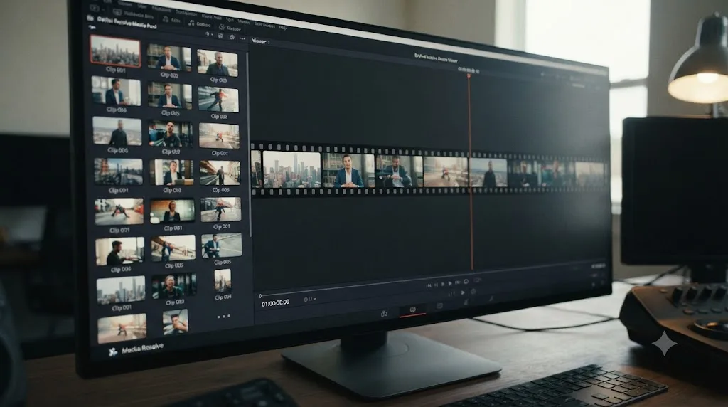 Illustration of a DaVinci Resolve Media Pool bin next to the Source Tape view combining its clips into one strip