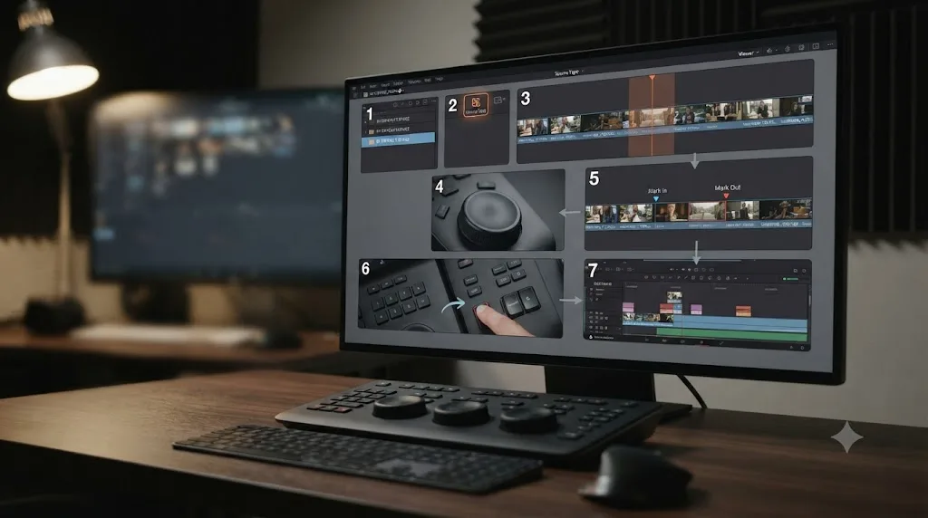 Illustration of a step by step workflow diagram for editing with DaVinci Resolve's Source Tape mode