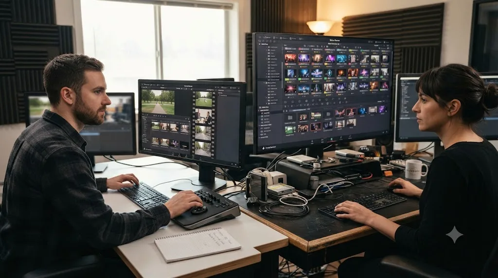 Illustration of two editors, one using Source Tape on a small shoot and one browsing a large tagged Media Pool archive