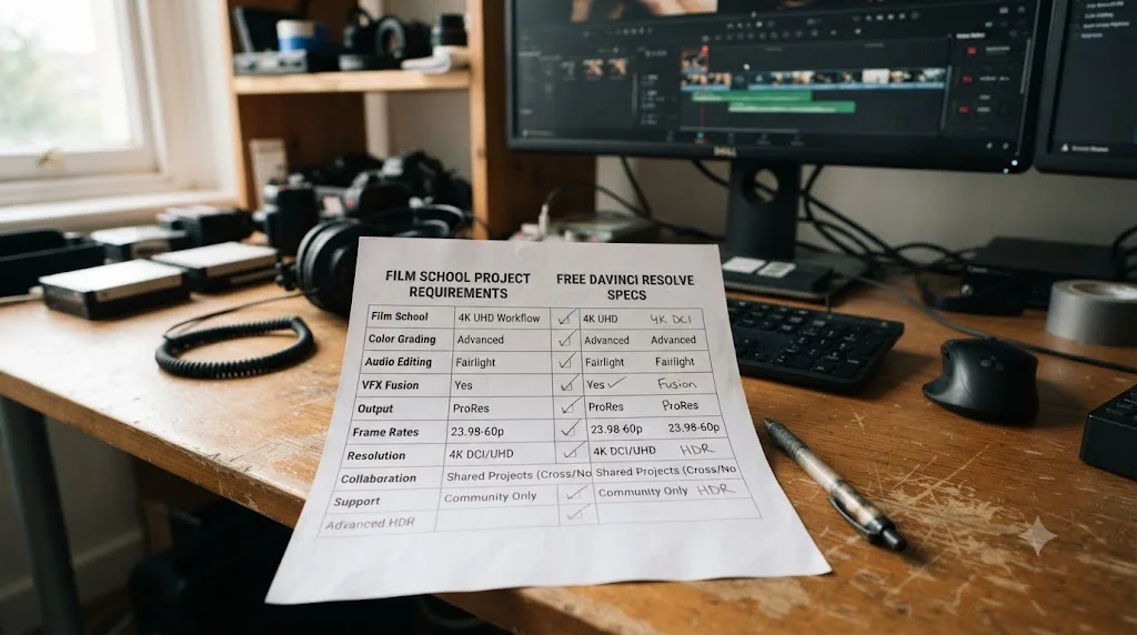 Illustration of a checklist comparing film school assignment requirements to free DaVinci Resolve specs