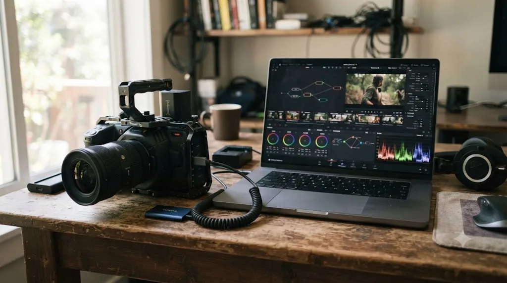 Illustration of Blackmagic hardware and the free DaVinci Resolve software as part of one ecosystem