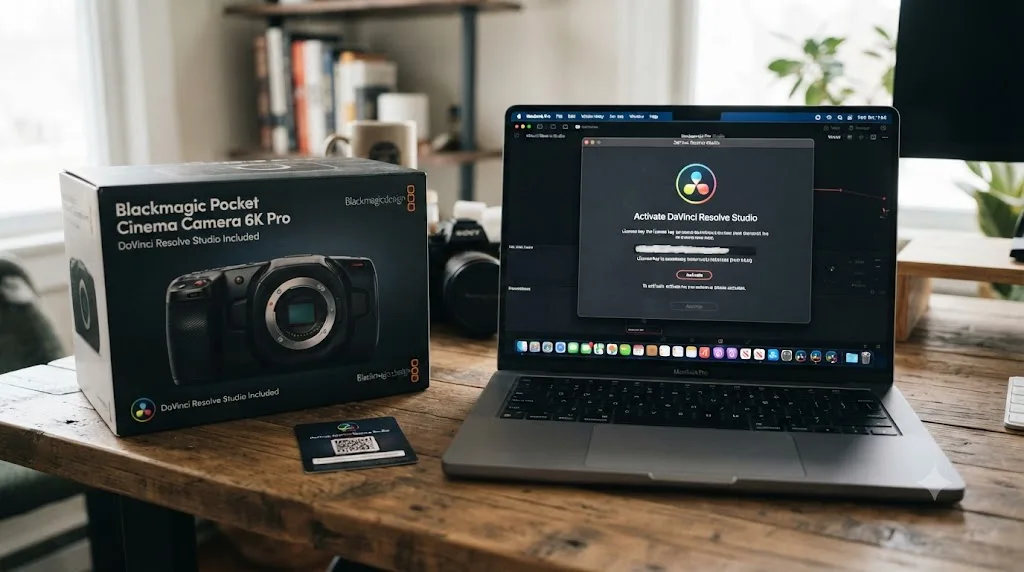 Illustration of a Blackmagic Pocket Cinema Camera bundled with a DaVinci Resolve Studio license