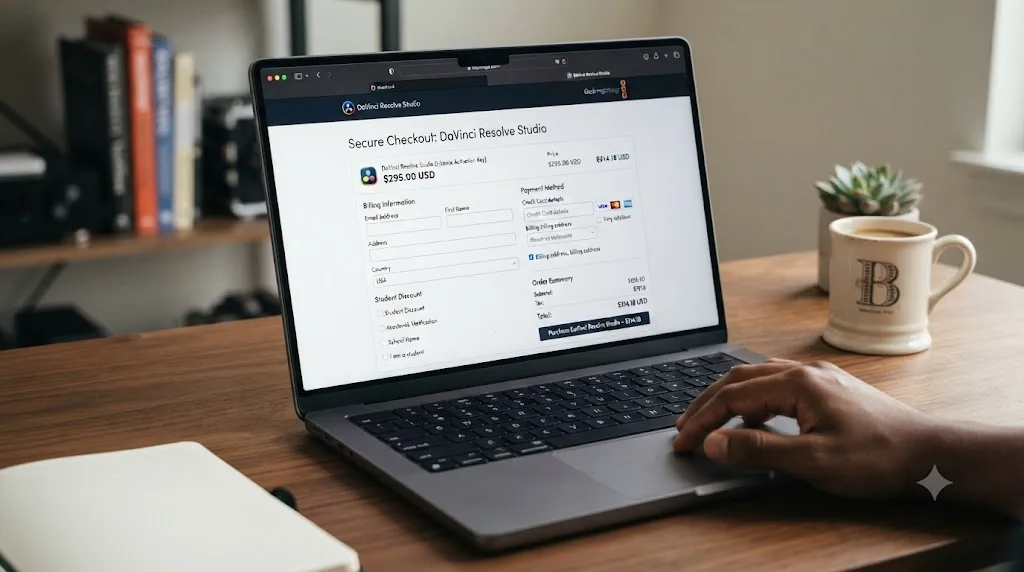 Illustration of a DaVinci Resolve Studio checkout screen with a single flat price and no student discount option