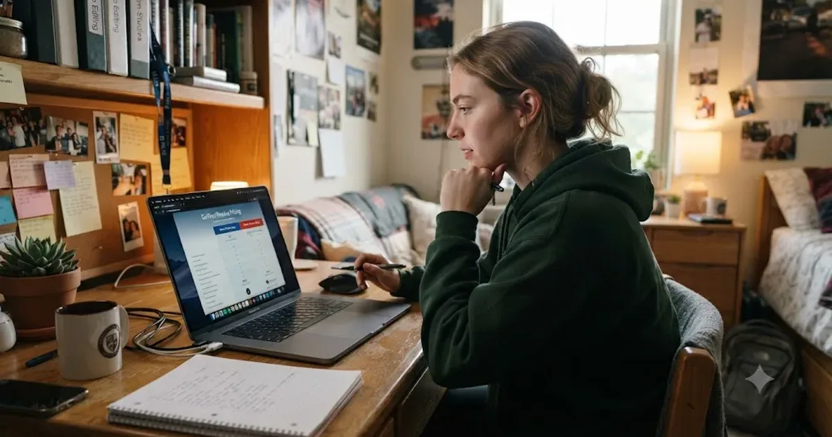 Illustration of a student comparing DaVinci Resolve pricing options on a laptop in a campus setting
