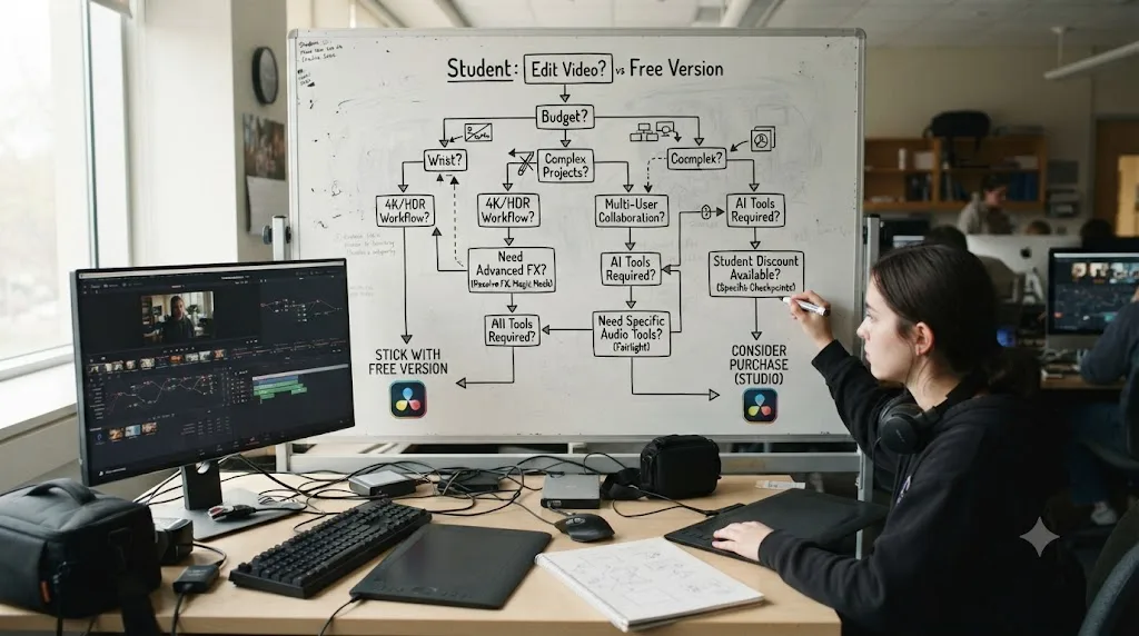Illustration of a decision flowchart for whether a student should buy DaVinci Resolve Studio