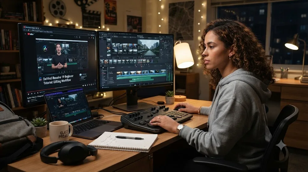 Illustration of a student following a free DaVinci Resolve training course while editing a class project
