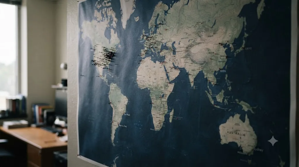 Illustration of a world map showing universities that provide campus DaVinci Resolve Studio licenses