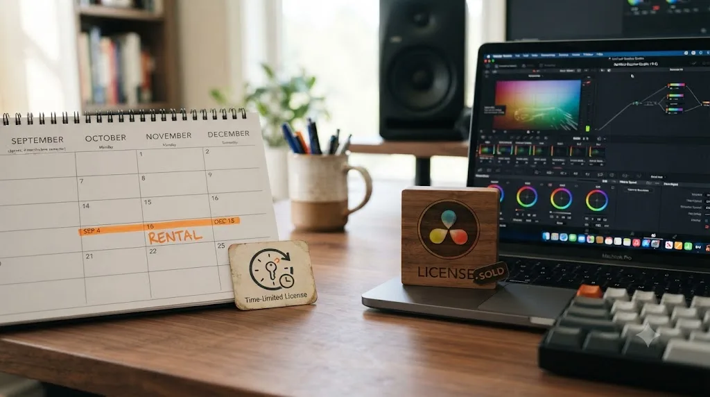 Illustration comparing a semester-length DaVinci Resolve Studio rental to a permanent license purchase