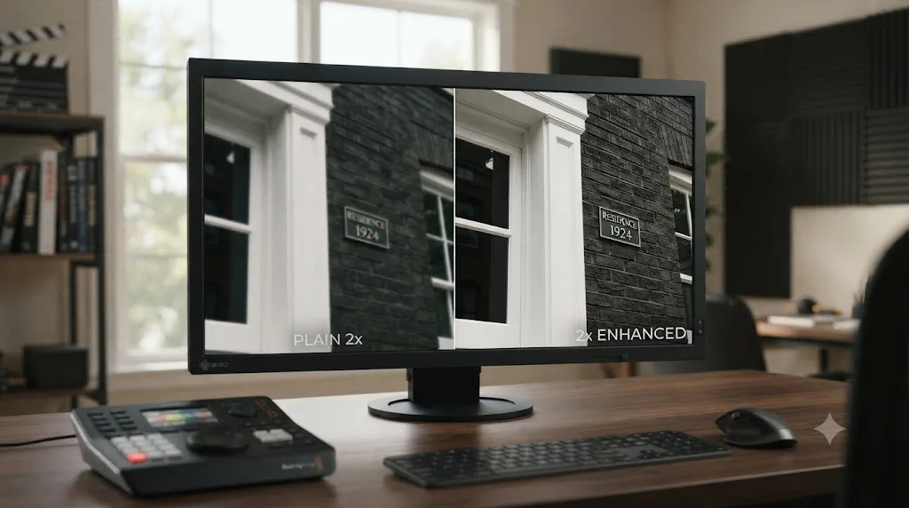 Illustration comparing plain 2x Super Scale against 2x Enhanced mode on the same high contrast edge