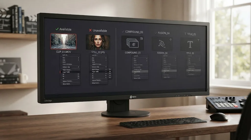 Illustration comparing which DaVinci Resolve clip types allow Super Scale to be enabled and which grey it out