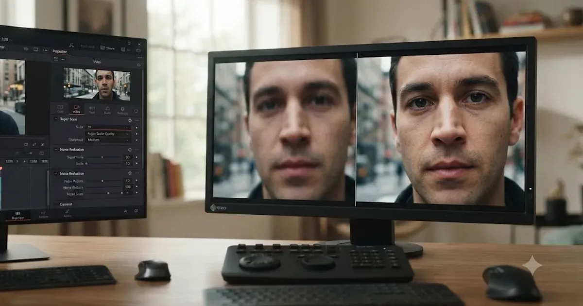 Illustration of the DaVinci Resolve Super Scale settings panel next to a low resolution frame becoming a sharper upscaled frame