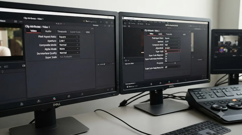 Illustration comparing the free version's Clip Attributes panel without Super Scale against the Studio version with it enabled