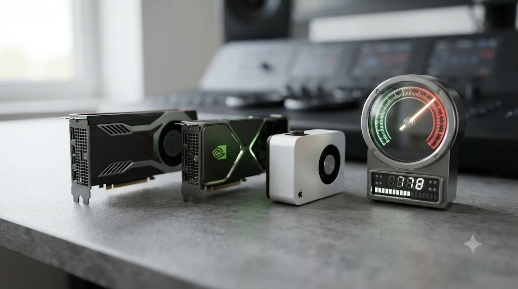 Illustration comparing AMD, Nvidia, and Apple Silicon GPU icons next to a Super Scale render time gauge