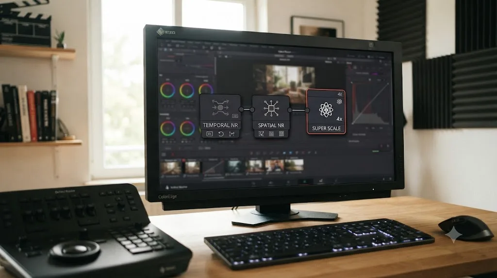 Illustration of a node chain applying noise reduction before Super Scale in DaVinci Resolve's Color page
